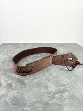 Diesel brown leather belt matured finish signature script logo dagger 34 inch